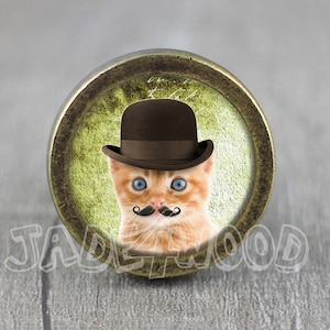 May include: A round, brass-coloured knob with a vintage-style design. The knob features a picture of a cat wearing a brown bowler hat and a black moustache.