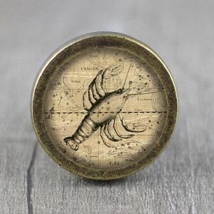 Può includere: Un pomello in metallo dorato con un design circolare che presenta un'illustrazione vintage della costellazione del Cancro, il granchio. Il design include il testo "Cancer" e "F.E.F."