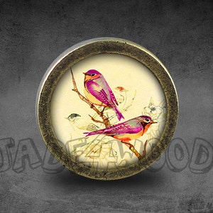 May include: A round, antique-style cabinet knob with a floral design featuring two pink birds on a branch. The knob has a brass finish.