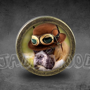 Peut inclure: Un bouton rond en laiton avec une image d'un chien portant un chapeau marron, des lunettes de protection et un monocle. Le chien regarde vers la gauche.