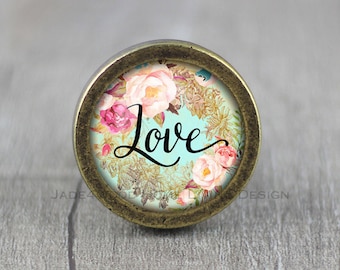 Perillas de tocador de bronce vintage hechas a mano con diseño de flores y amor, tiradores para gabinete, herrajes para muebles