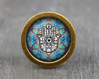 Puxador de armário de cômoda de bronze vintage com cabochão de vidro Hamsa / Puxador de cômoda / Puxador de armário / Puxador de móveis