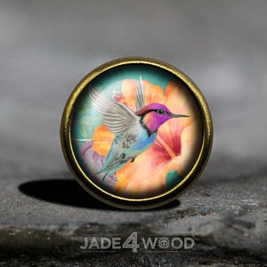 以下が含まれることがあります： ピンクの頭と青い体をしたカラフルなハチドリが、オレンジとピンクのハイビスカスの花を背景に飛んでいる様子が描かれています。画像は金色の金属製の円形枠で囲まれています。