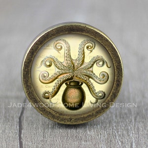Peut inclure: Un bouton en laiton avec une illustration vintage d'une pieuvre au design détaillé. La pieuvre est entourée de texte en jaune clair.