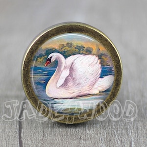 Könnte beinhalten: Ein runder, messingfarbener Knopf mit einem weißen Schwan auf einem blauen See, umgeben von grünen Bäumen und einem Sonnenuntergangshimmel.