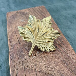 May include: A gold-coloured leaf-shaped brooch with intricate details. The brooch is made of metal and has a textured surface.
