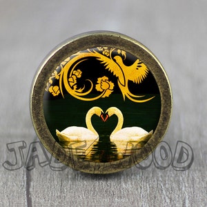 Kastknop zwaan: zinklegering dressoirgreep met afbeelding glas