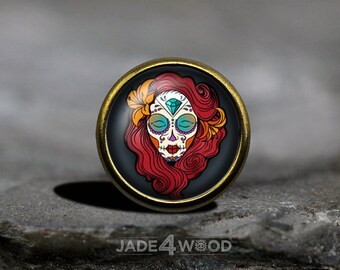 Red Head Sugar Skull Glass Cabochon Cabinet Knob Dresser Knob Dresser Pull Furniture Knob