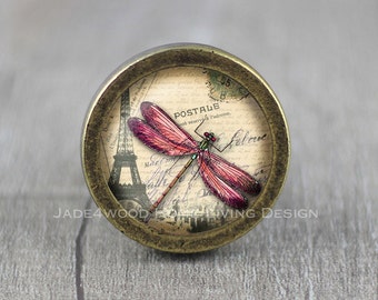 Tirador de pomo para tocador de bronce con cabujón de cristal de libélula / Tirador de tocador / Perilla de gabinete / Perilla de mueble