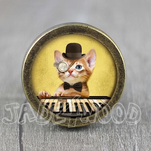 May include: A round, brass-coloured knob with a yellow background featuring a cat wearing a black top hat and a monocle, playing a keyboard.