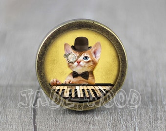 Steampunk Cat Glass Cabochon Bronze cabinet Dresser Knob pull / Dresser Pull / Cabinet Knob / Furniture Knob