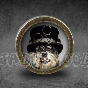 May include: A round, brass-coloured, framed image of a dog wearing a black top hat and round glasses. The dog has a white and grey coat and is looking directly at the camera with a toothy grin.