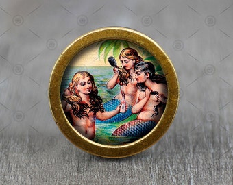 Victoria Mermaid  Glass Cabochon Bronze cabinet Dresser Knob pull / Dresser Pull / Cabinet Knob / Furniture Knob