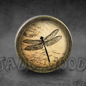 Könnte beinhalten: Ein runder, messingfarbener Knopf mit einem Glaseinsatz, der eine Vintage-Illustration einer Libelle auf einem Hintergrund aus altem Papier mit dem sichtbaren Text "poste restante" und "France" zeigt.