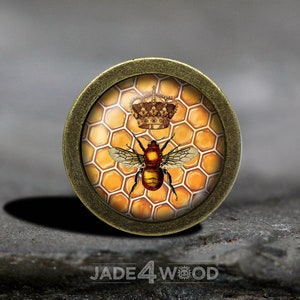May include: A gold-toned round knob with a bee and crown design. The bee is surrounded by a honeycomb pattern. The knob is perfect for adding a touch of whimsy to any room.