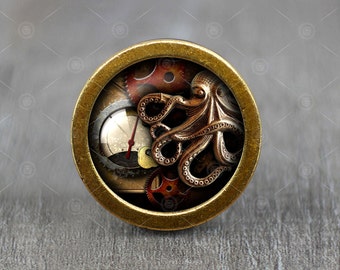 Puxador de armário de cômoda de bronze com cabochão de vidro em formato de polvo steampunk / Puxador de cômoda / Puxador de armário / Puxador de móveis