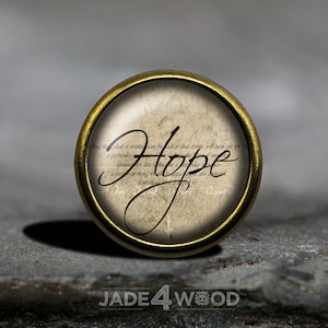 Op de afbeelding: Een ronde, gouden metalen hanger met een glazen inzet. De glazen inzet heeft een vintage-achtige achtergrond met het woord "Hope" in cursief.