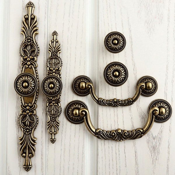 French Chic Handle Pull Knob Pulls Handles with Back Plate / Antique Bronze Kitchen Cabinet Pull Handle Knobs Furniture Hardware WM495