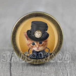 May include: A round, gold-coloured knob with a glass insert featuring a ginger cat wearing a black top hat with a clock face and steampunk-style embellishments.