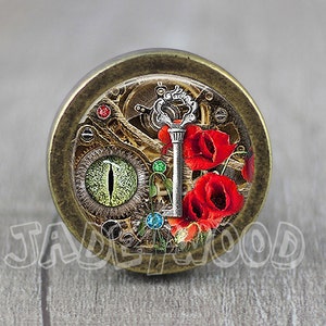 May include: A round, brass-colored knob with a detailed image of a key, a green eye, and red poppies on a steampunk-inspired background.