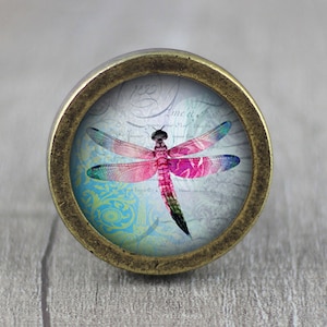 May include: A round, brass-coloured cabinet knob with a glass insert featuring a colourful dragonfly on a blue and green floral background.