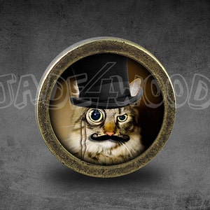 Puede incluir: Primer plano de un gato con un sombrero de copa negro, un monóculo y un bigote falso. El gato mira directamente a la cámara. La imagen está enmarcada en un marco redondo de color dorado.