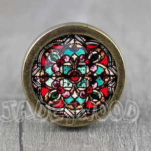 Vintage kerk gebrandschilderd glas cabochon brons kast dressoir knop pull / dressoir pull / kast knop / meubelknop