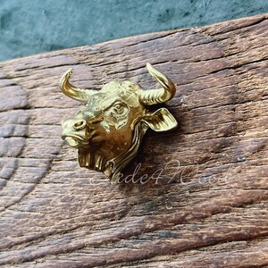 Puede incluir: Una escultura de cabeza de toro de color dorado con un rostro y cuernos detallados. La escultura está montada sobre una superficie de madera rústica.