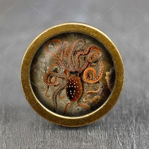 Puede incluir: Un pomo redondo de color dorado con un inserto de vidrio que presenta una ilustración detallada de un pulpo naranja y blanco con tentáculos.