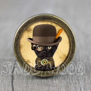 May include: A black cat wearing a brown bowler hat with an orange feather, a pair of round steampunk goggles, and a green and gold bow tie. The cat is on a vintage-style background.