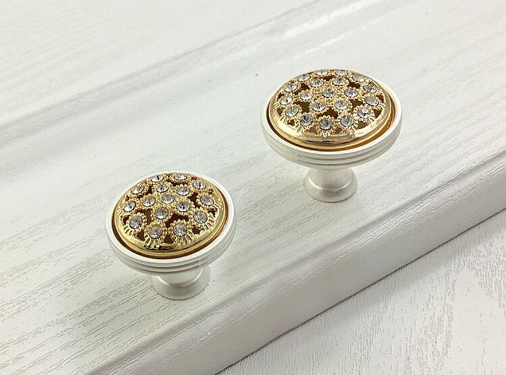 Gold Rhinestone Handle Dresser Pulls Knob / Glass Crystal