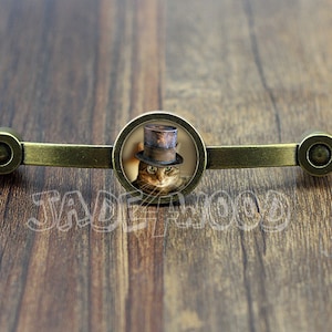 May include: Antique brass cabinet pull featuring a circular image of a cat wearing a top hat. The pull has a rectangular bar with rounded ends and a decorative cat image in the center. The text "JADE WOOD" is visible.