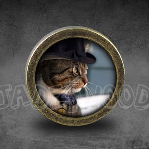 Puede incluir: Un marco redondo marrón y dorado con un gato que lleva un sombrero de copa negro y una bufanda azul. El gato mira hacia la derecha. El fondo es de color azul claro.