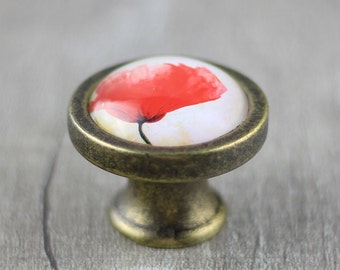 Può includere: Un pomello rotondo per armadio in ottone antico con un design a fiore di papavero rosso sul davanti.