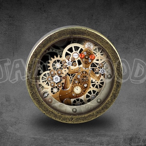 May include: A round, brass-colored clock face with a steampunk design. The clock face features a detailed illustration of a mechanical creature with gears and cogs.