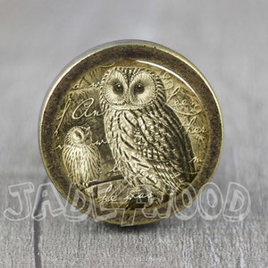 Puede incluir: Un pomo de latón redondo con un diseño en relieve que presenta una ilustración vintage de dos búhos. El texto "I Am Wise" está inscrito alrededor de los búhos.