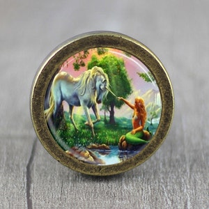 May include: A round, brass-colored knob with a colorful image of a mermaid interacting with a white unicorn in a fantasy setting. The image is surrounded by a decorative, ornate frame.