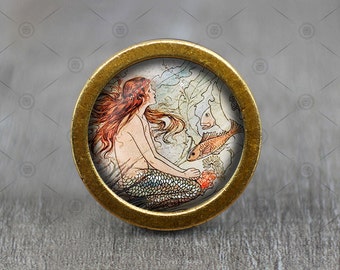 Victoria Mermaid  Glass Cabochon Bronze cabinet Dresser Knob pull / Dresser Pull / Cabinet Knob / Furniture Knob