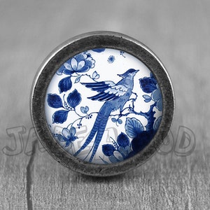 Delftware Bird Vintage Antique Silver Dresser Knob Cabinet Pull handle