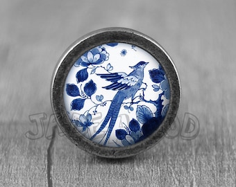 Delftware Bird Vintage Antique Silver Dresser Knob Cabinet Pull handle