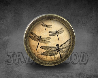 Tirador de pomo para tocador de bronce con cabujón de cristal de libélula / Tirador de tocador / Pomo para gabinete / Pomo para muebles