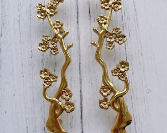 Bouton de poignée de placard de branche de fleur en laiton massif de 3,55 po. Poignée de tirage/bouton d'armoire Poignée de tirage Quincaillerie de meubles WM1676