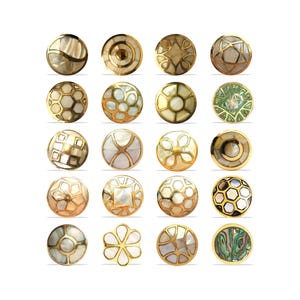 May include: A collection of twenty decorative buttons with various designs. The buttons feature gold-toned metal rims and intricate inlays of mother-of-pearl, abalone, and other materials. The designs include geometric patterns, floral motifs, and concentric circles.