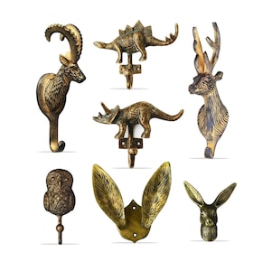 Vintage Tierhaken: Hase, Hirsch, Eule, Dinosaurier - Antike Messingwandhalterung