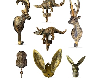 Vintage Tierhaken: Hase, Hirsch, Eule, Dinosaurier - Antike Messingwandhalterung