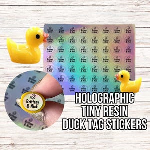 May include: A sheet of small circular holographic stickers featuring the text Brittany & Nick with a duck icon. Two yellow rubber ducks are positioned near the sticker sheet. One individual sticker is shown in a circular inset view.