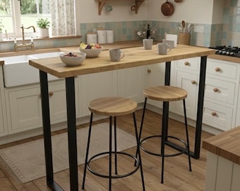Industrial Rustic Breakfast Bar Table | Reclaimed Scaffold Board Kitchen Counter | Custom Bespoke Metal Legs: U-Frame, Hairpin, Adjustable