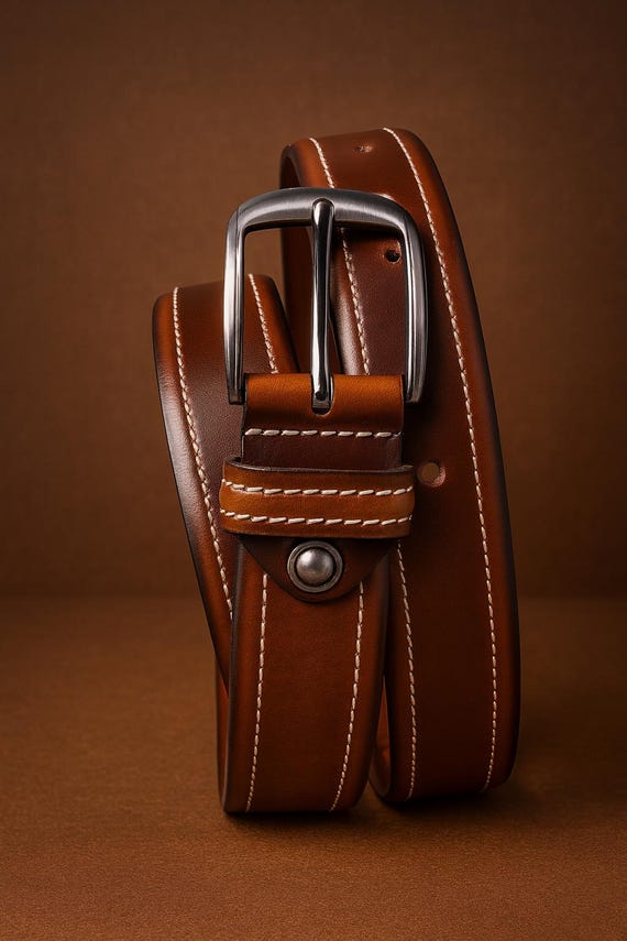 Handcrafted Brown Leather Belt | Full Grain, White Stitch - Etsy display picture 3