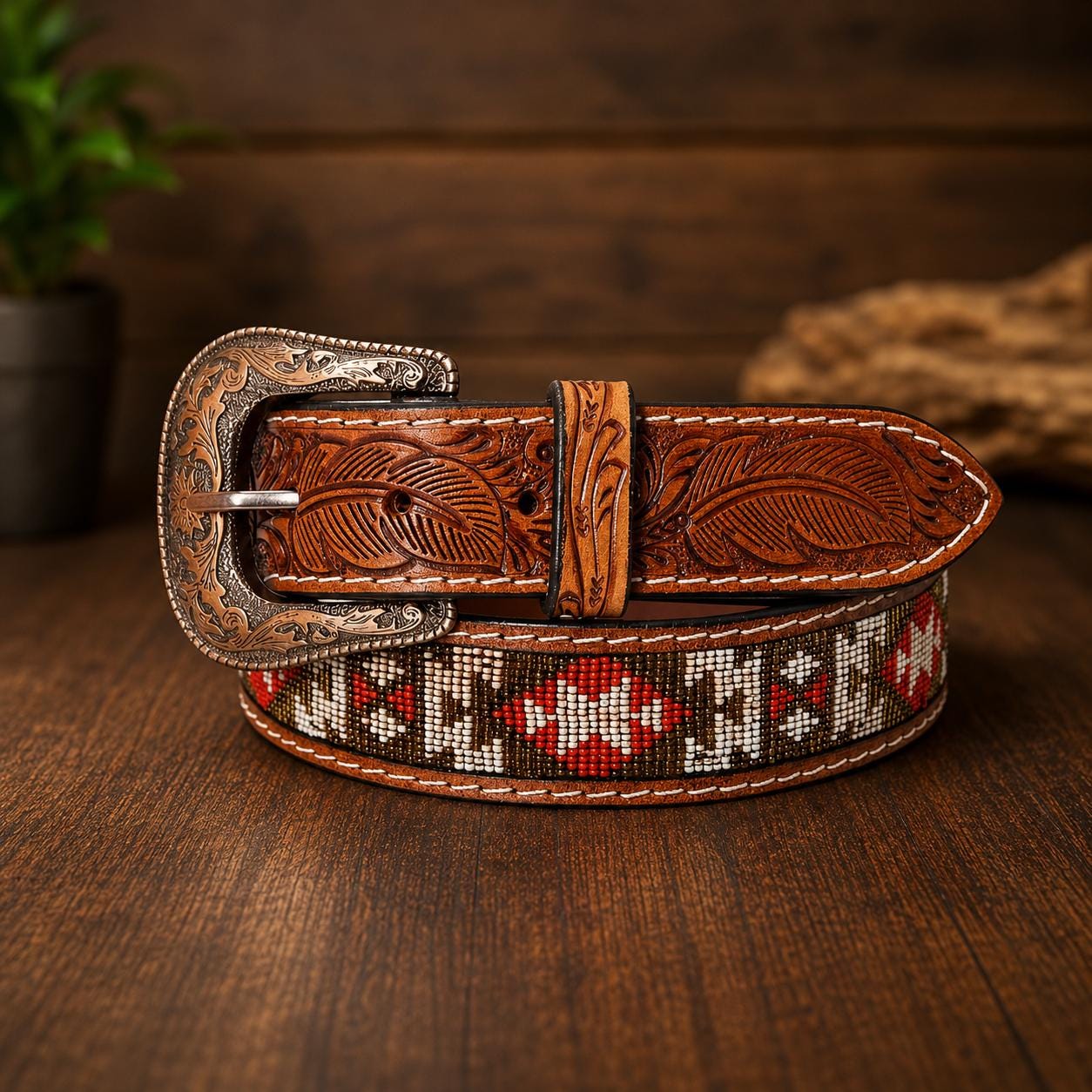 Handmade Tooled Beaded Western Cowboy Belt, Genuine Leather 