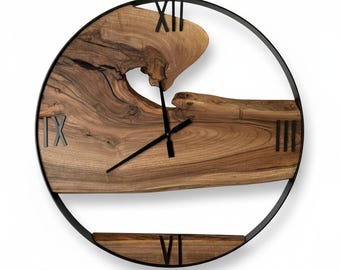Large Live Edge Walnut Wood Wall Clock | Modern Rustic Metal & Wooden Clock | Silent Mechanism